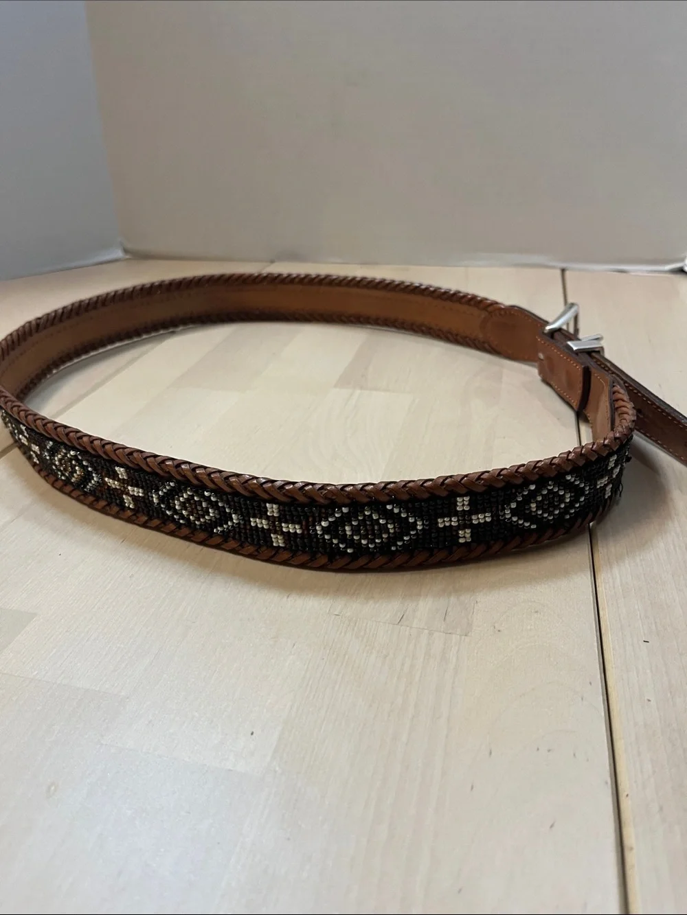 Brown Leather & Decorative Beaded Belt w/ Silver Hardware Men’s Size 38